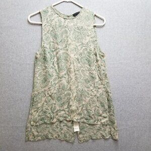 Theory Tank Tee Women's Medium Green Floral Print 100% Silk Top Zip Back 98406